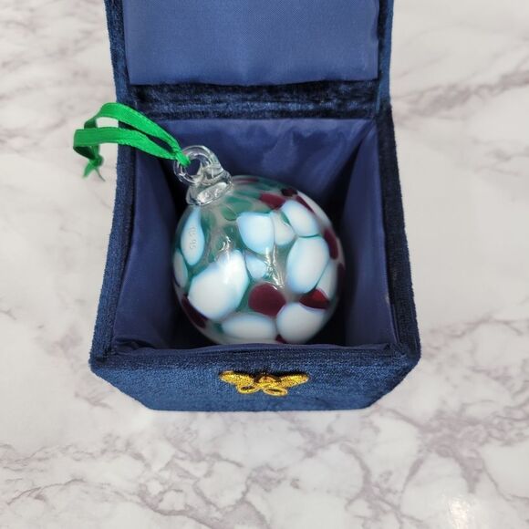 RB 95 Other - Vintage Hand Blown Art Glass Ornament with Green Ribbon Signed 90s